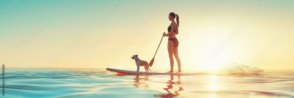 A female doing paddleboarding in water with dog A female doing paddleboarding in water with dog