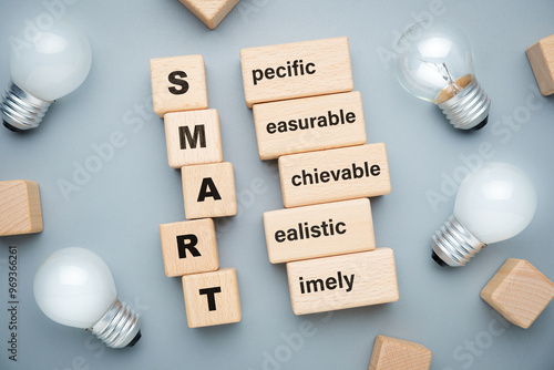 Konstfotografi SMART acronym on wood blocks with glowing light bulbs, smart goal setting concep