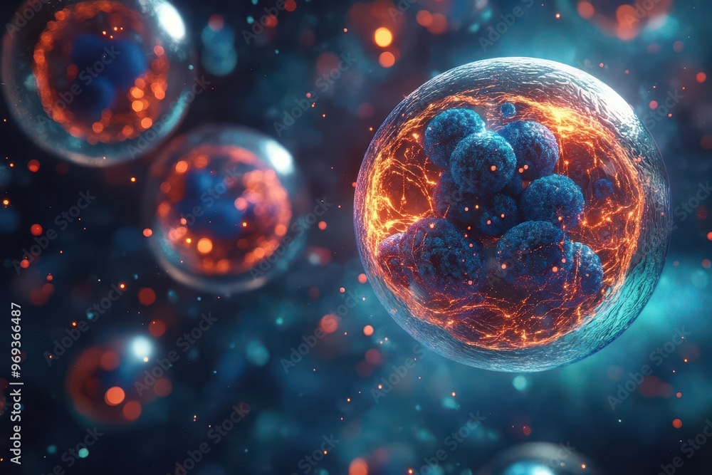 Vibrant depiction of a cell under a microscope, showcasing intricate structures and glowing details in a colorful abstract design. Vibrant depiction of a cell under a microscope, showcasing intricate structures and glowing details in a colorful abstract design.