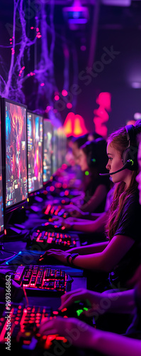 Gamers with headsets intensely focused on screens in a dark, neon-lit room during a competitive gaming tournament.