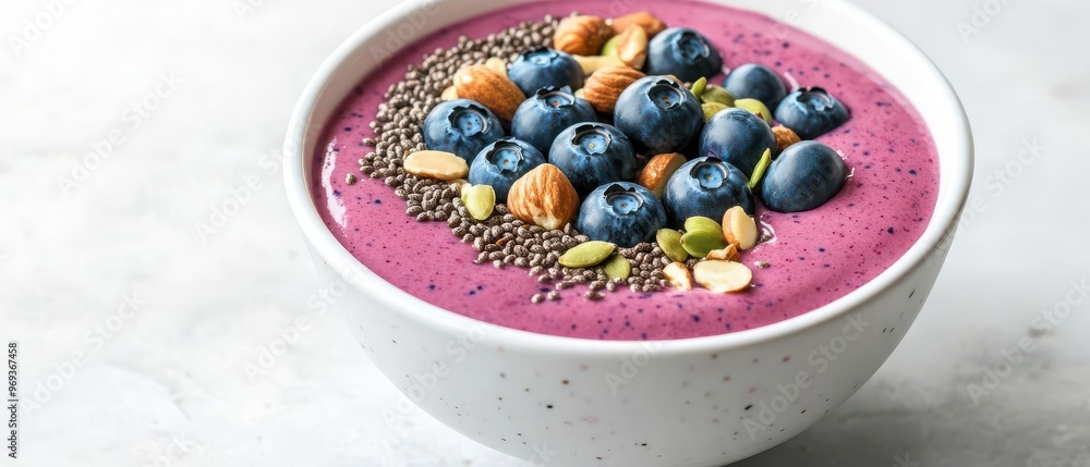 Colorful smoothie bowl topped with blueberries, nuts, and seeds, brainboosting breakfast, vibrant and healthy meal Colorful smoothie bowl topped with blueberries, nuts, and seeds, brainboosting breakfast, vibrant and healthy meal