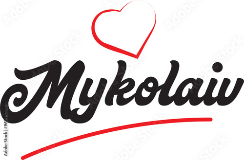 Mykolaiv city text design with red heart typographic icon design suitable for touristic promotion