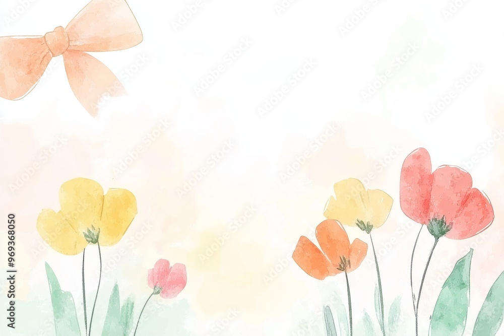 Naklejka premium Cartoon bow ribbon bordered by flower frame on watercolor background.