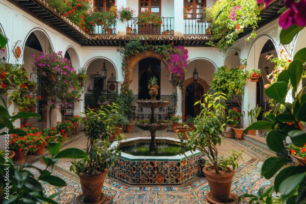 Fototapeta premium Traditional Andalusian Courtyard with Central Fountain and Lush Plants