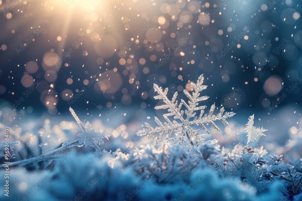 Snowflake ice crystals snow falling on frozen ground outdoors weather scenery. Snowflake ice crystals snow falling on frozen ground outdoors weather scenery.