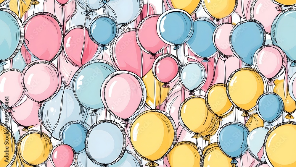 An artistic illustration featuring a joyful array of pastel balloons, perfect for birthday, party, or festive themes, adding a cheerful touch to any design. An artistic illustration featuring a joyful array of pastel balloons, perfect for birthday, party, or festive themes, adding a cheerful touch to any design.
