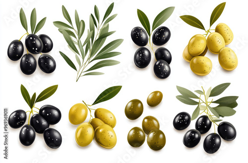 A Group of Olives in Assorted Arrangements Dark Green for a Mediterranean Food Display