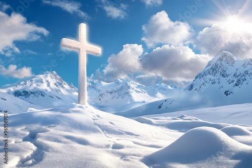 A glowing cross in the sky, surrounded by clouds and mountains 