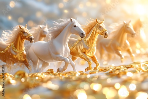 A group of horses galloping in the sea, golden liquid flowing on top of them, golden light shining on their bodies, surrounded by gold coins and jewelry
