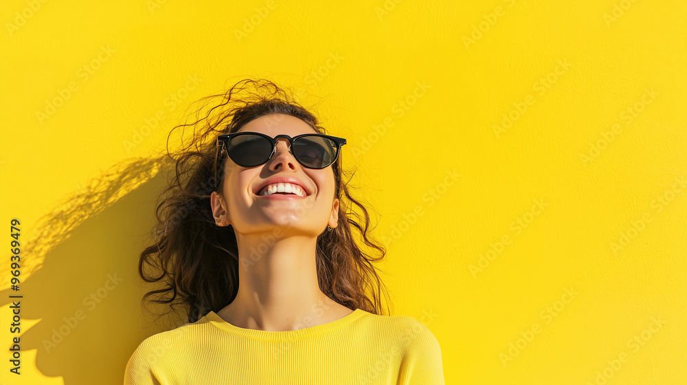 Fototapeta premium A joyful young woman with sunglasses, smiling happily while standing against a bold yellow wall, radiating positivity on a bright summer day. photo