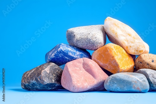 A pile of colorful rocks. The colors include blue, red, and yellow  photo