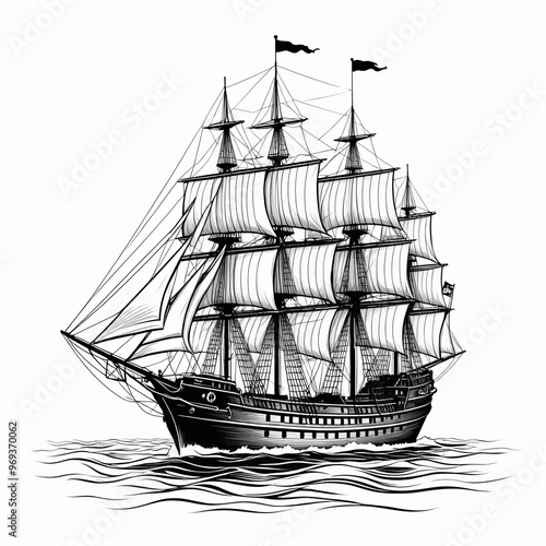 a black and white drawing of a tall ship in the water.