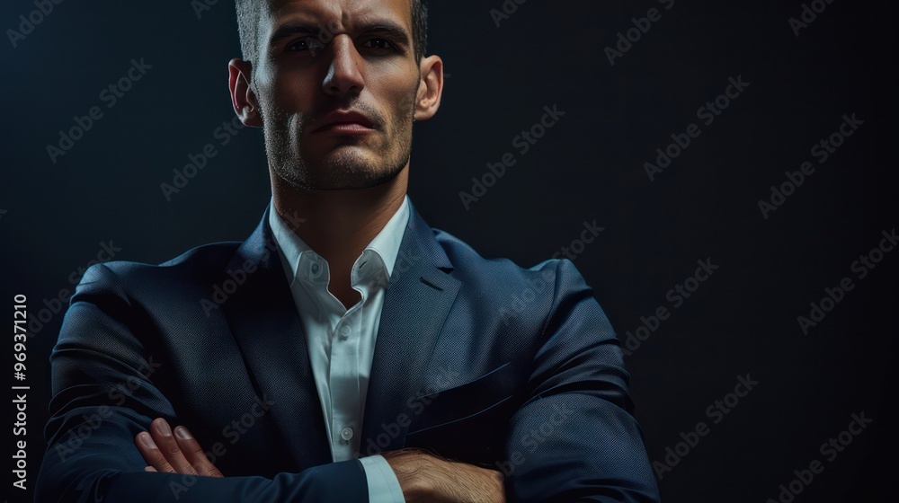 A confident man in a suit stands with arms crossed, exuding professionalism and determination against a dark background. A confident man in a suit stands with arms crossed, exuding professionalism and determination against a dark background.