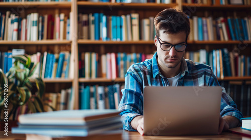 A university student wearing a glasses is learning online in a library with bookshelves in the background.