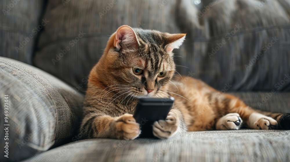 A playful tabby cat lounges on a gray couch, curiously pawing at a small black device. cozy living room captures the charm of feline interaction with technology. A playful tabby cat lounges on a gray couch, curiously pawing at a small black device. cozy living room captures the charm of feline interaction with technology.