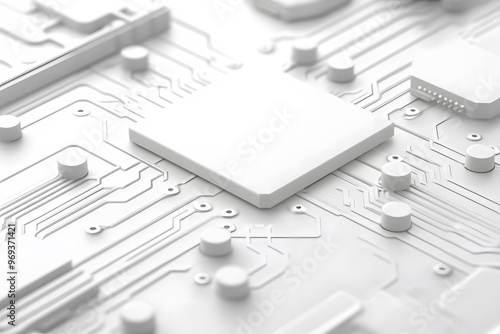 White background, white circuit board with gray chips, lines, and technical details