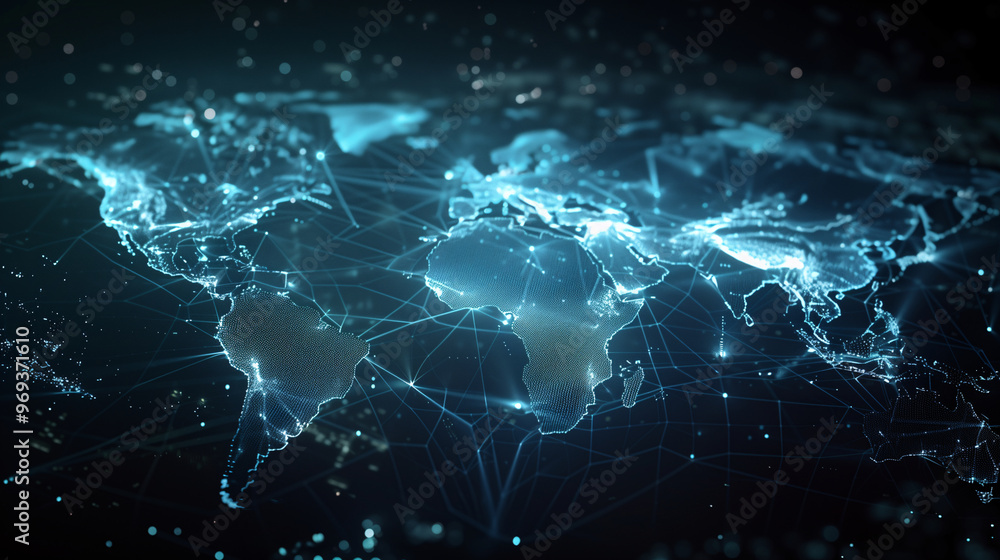 Hologram of the futuristic international global logistic system. A neon-lit, high-tech world map in glowing blue holographic with route lines around the world on dark background. Hologram of the futuristic international global logistic system. A neon-lit, high-tech world map in glowing blue holographic with route lines around the world on dark background.
