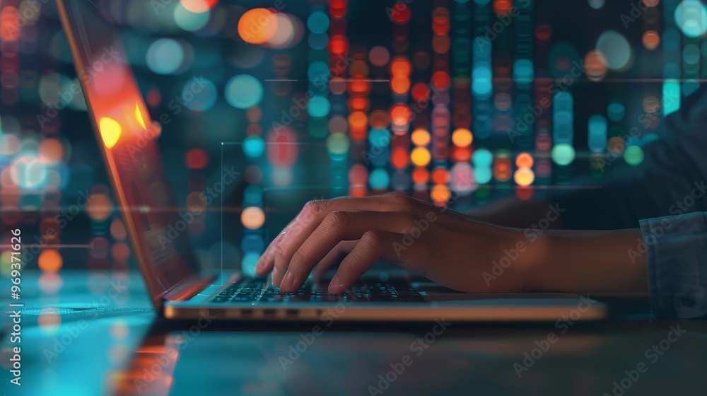 Close-up of hands typing on a laptop with a blurred background of city lights. Close-up of hands typing on a laptop with a blurred background of city lights.