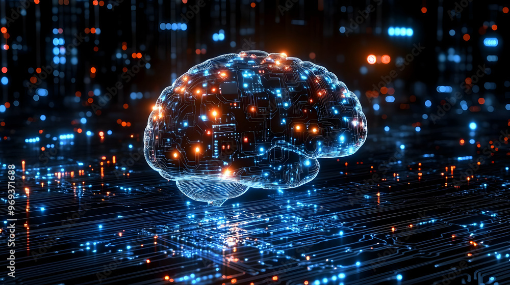 A digital brain representation with glowing circuits, symbolizing technology and intelligence. A digital brain representation with glowing circuits, symbolizing technology and intelligence.