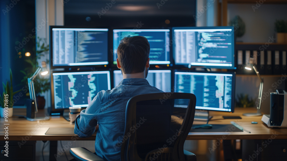 Back view of a software developer is coding on multiple screens in an office at night. Back view of a software developer is coding on multiple screens in an office at night.