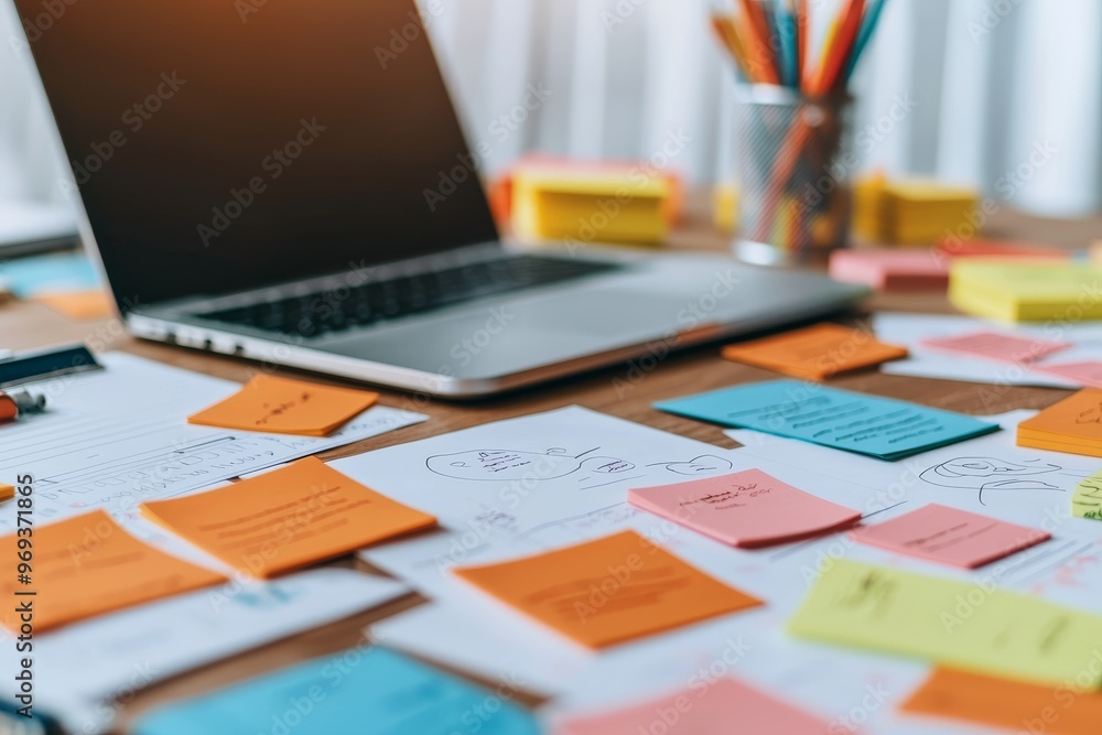 Close-up of a desk with scattered sticky notes, diagrams, and a laptop, representing brainstorming and creative teamwork Close-up of a desk with scattered sticky notes, diagrams, and a laptop, representing brainstorming and creative teamwork