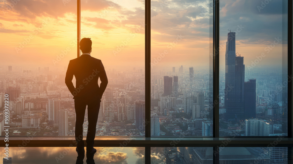 A businessman standing by a window, overlooking the city while contemplating economic strategies A businessman standing by a window, overlooking the city while contemplating economic strategies