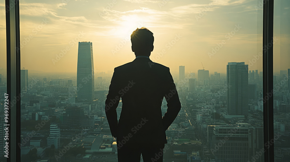 A businessman standing by a window, overlooking the city while contemplating economic strategies A businessman standing by a window, overlooking the city while contemplating economic strategies
