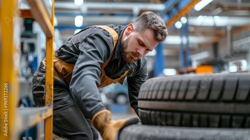 A mechanic working on a car tire in a garage.