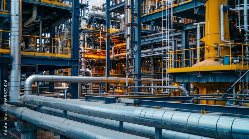 Industrial complex with intricate network of pipes and machinery. Industrial complex with intricate network of pipes and machinery.