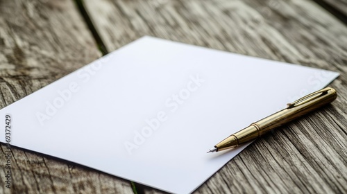 A white A4 paper with a pen resting at an angle on top, on a natural wooden deck background, offering a realistic scene