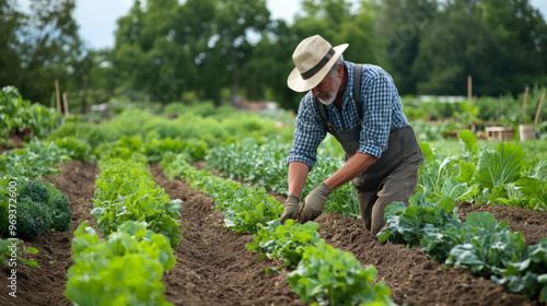 A farmer applying natural fertilizers to a vegetable garden, promoting organic growth