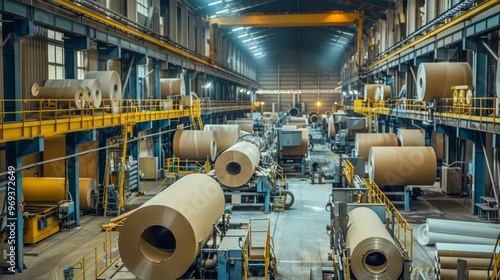 Industrial factory interior with large rolls of paper.