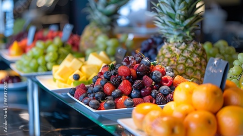 Obraz na płótnie Isolated against a blue background fresh fruit on display at the hotel brunch w salonie