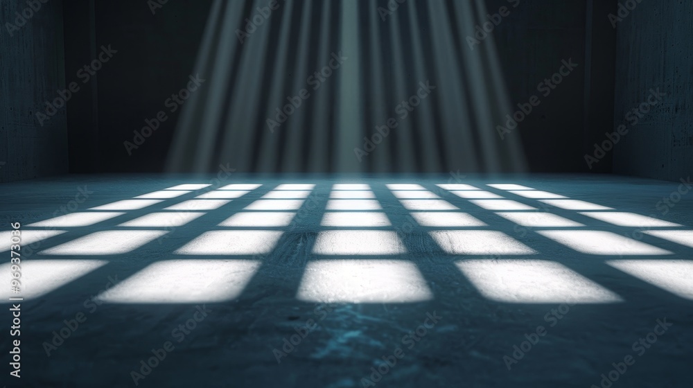 A single spotlight illuminates a tiled floor in a dark, empty room A single spotlight illuminates a tiled floor in a dark, empty room