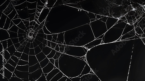 Isolated and realistic spider web silhouettes on a black poster panoramic