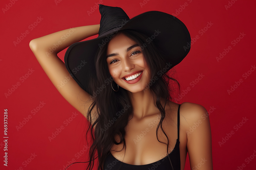 A woman with a black hat and a red background A woman with a black hat and a red background