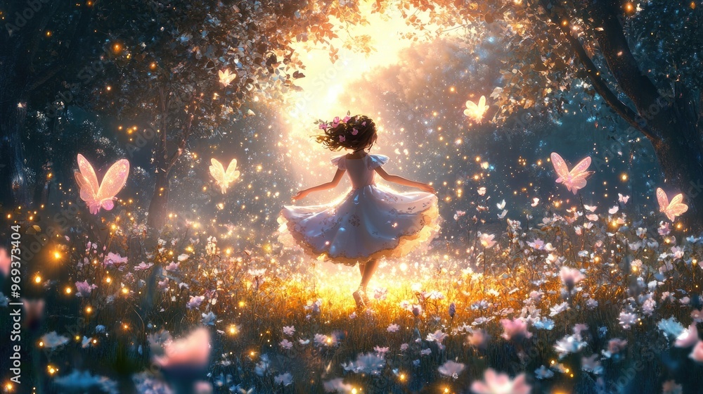 Cute cartoon girl dancing with fairies in a glowing magical land, surrounded by sparkling trees and flowers in a realistic background Cute cartoon girl dancing with fairies in a glowing magical land, surrounded by sparkling trees and flowers in a realistic background
