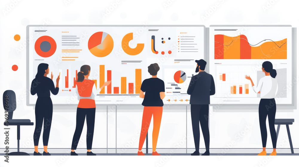 A group of people are looking at a large monitor with various graphs and charts A group of people are looking at a large monitor with various graphs and charts