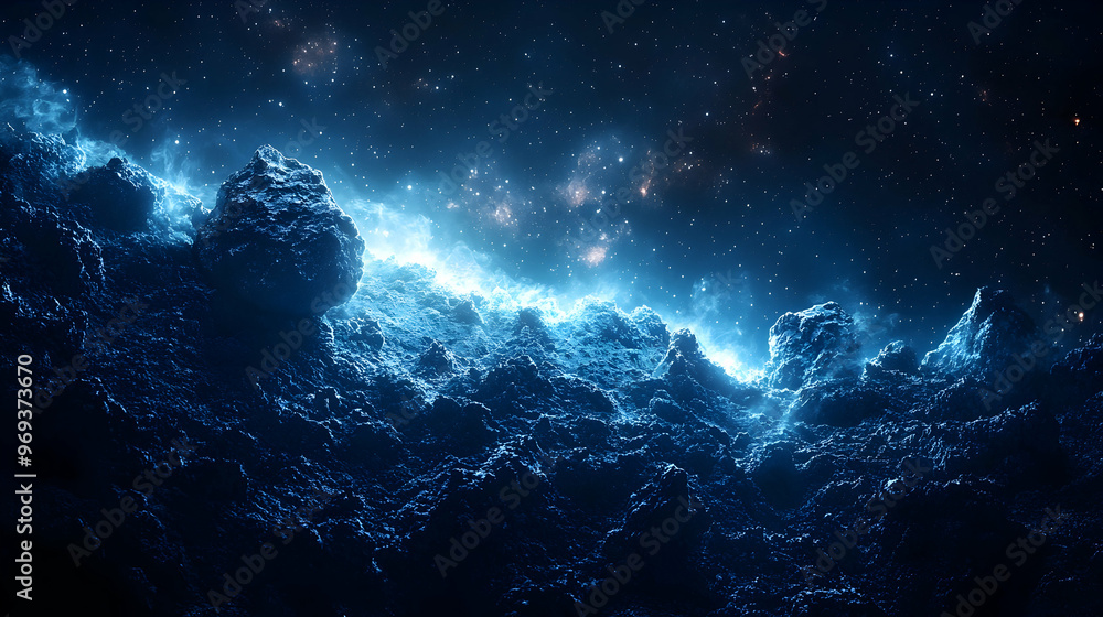 Cosmic Landscape with Blue Nebula - 3D Illustration Cosmic Landscape with Blue Nebula - 3D Illustration