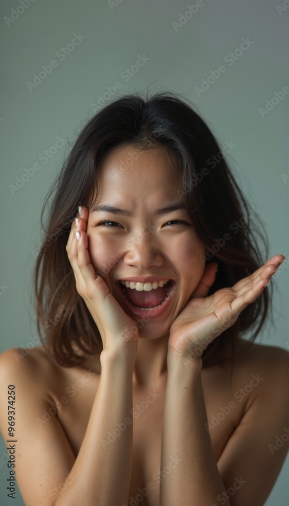 Joyful asian woman expressing happiness with radiant smile and open hands against isolated background Joyful asian woman expressing happiness with radiant smile and open hands against isolated background