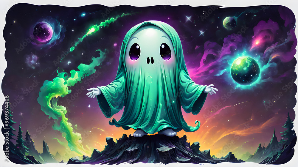 Fototapeta premium poster, Halloween card with cute ghost. Holiday cartoon character. 