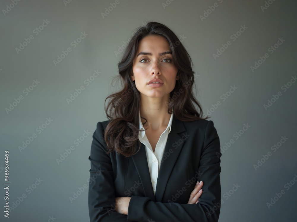 Confident white businesswoman in tailored suit poses against minimalist gray backdrop Confident white businesswoman in tailored suit poses against minimalist gray backdrop