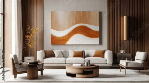 Luxurious canvas art on the wall of a modern living room, set against elegant decor and a realistic interior, designed with Generative AI