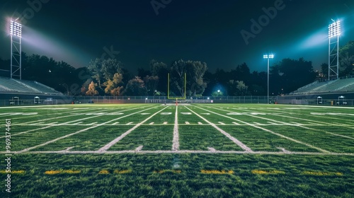 Empty American football field at night under bright stadium lights.