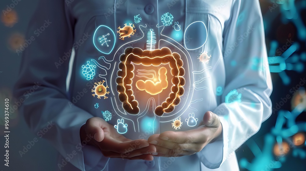 Imagery conveying leaky gut prevention, possibly through images of a healthy gut barrier or protective mechanisms