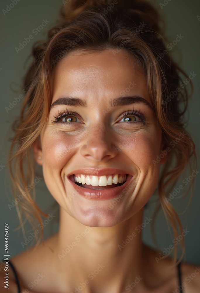 Joyful caucasian woman smiling warmly against soft isolated background in natural light during peaceful moment of self reflection Joyful caucasian woman smiling warmly against soft isolated background in natural light during peaceful moment of self reflection