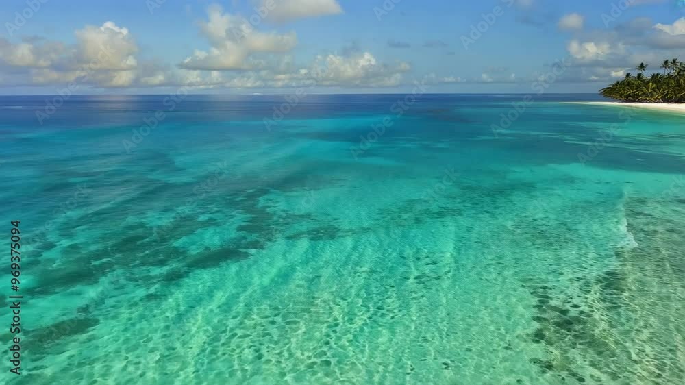 Drone scenery of turquoise waters with coral on a sunny day with blue sky in the background Drone scenery of turquoise waters with coral on a sunny day with blue sky in the background