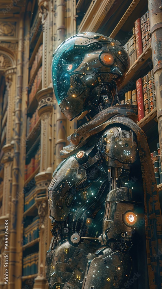 Fototapeta premium Jurojin, the god of wisdom, as a cyborg librarian, cataloging universal knowledge in an infinite digital library