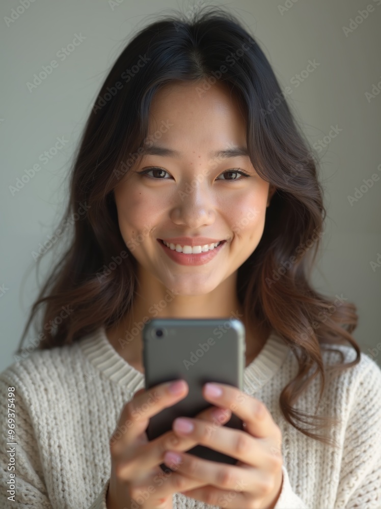 Young korean woman joyfully using smartphone indoors on isolated gray wall background Young korean woman joyfully using smartphone indoors on isolated gray wall background