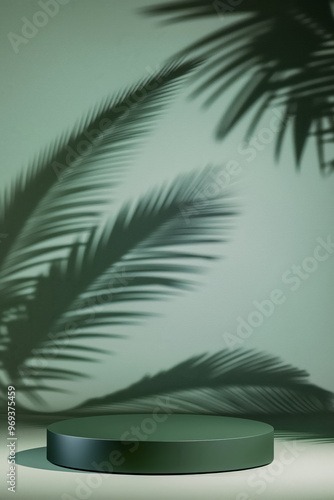 Matte green empty round podium with soft palm leaf shadow. Product display background with copy space